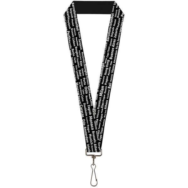 Buckle-Down Lanyard - 1.0" - Verbiage Destination Cities Black White