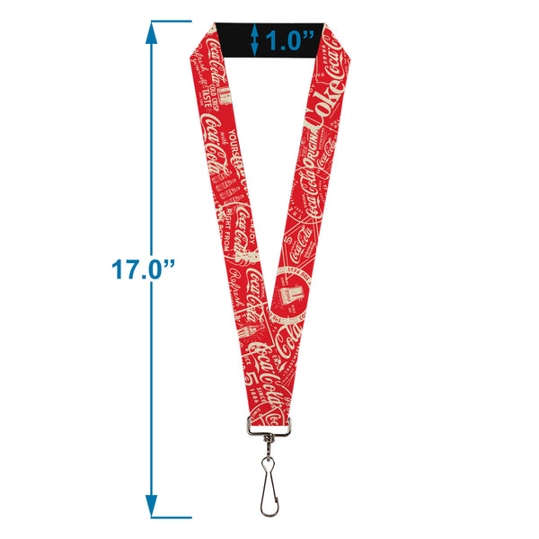 Buckle-Down Lanyard - 1.0" - Vintage Coca-Cola Coke Icons And Ad Logos Red/White