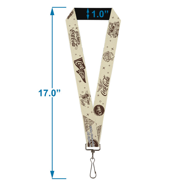 Buckle-Down Lanyard - 1.0" - Vintage Coca-Cola Coke Icons And Ad Logos White/Brown