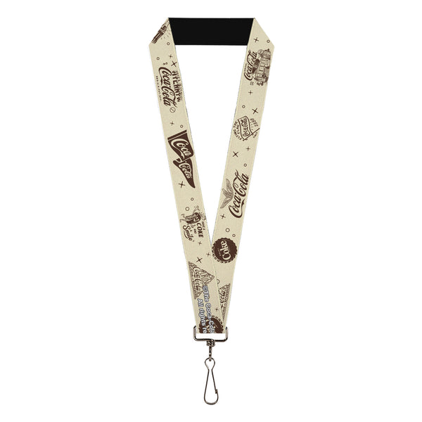 Buckle-Down Lanyard - 1.0" - Vintage Coca-Cola Coke Icons and Ad Logos White/Brown