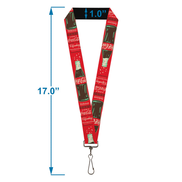 Buckle-Down Lanyard - 1.0" - Vintage Coca-Cola DELICIOUS GO REFRESHED Typography And Bottle Red/Brown/White
