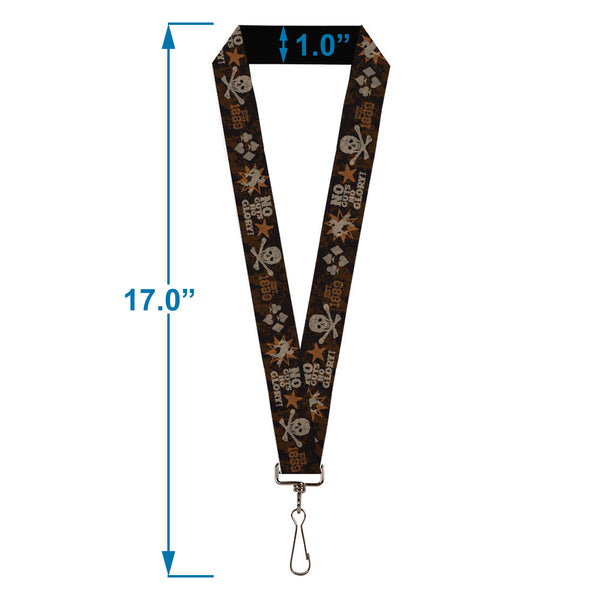 Buckle-Down Lanyard - 1.0" - Western NO GUTS NO GLORY Skull And Crossbones Browns Gray