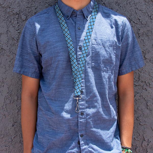 Buckle-Down Lanyard - 1.0" - Wire Grid Baby Blue Black White