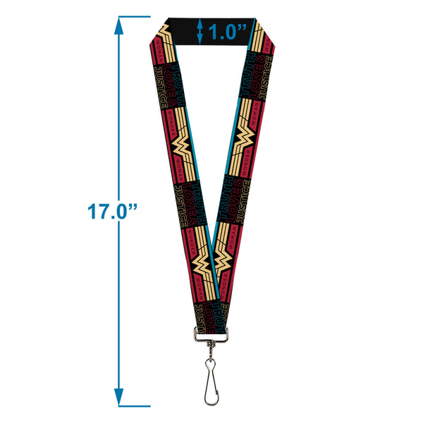 Buckle-Down Lanyard - 1.0" - Wonder Woman 1984 TRUTH LOVE & JUSTICE Stripe Block Black/Multi Color