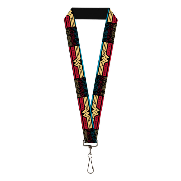 Buckle-Down Lanyard - 1.0" - Wonder Woman 1984 TRUTH LOVE & JUSTICE Stripe Block Black/Multi Color