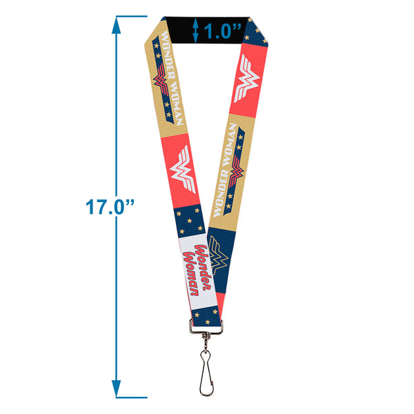 Buckle-Down Lanyard - 1.0" - WONDER WOMAN Americana Text And Logos Collage Red/White/Blue/Gold