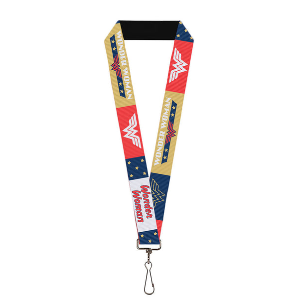 Buckle-Down Lanyard - 1.0" - WONDER WOMAN Americana Text and Logos Collage Red/White/Blue/Gold