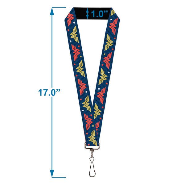 Buckle-Down Lanyard - 1.0" - Wonder Woman WW Logo Flip And Stars Blue/Red/Gold