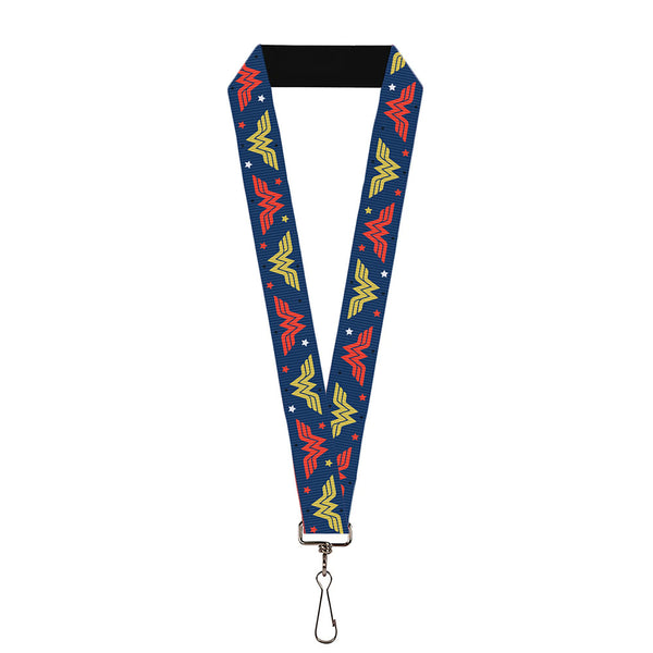 Buckle-Down Lanyard - 1.0" - Wonder Woman WW Logo Flip and Stars Blue/Red/Gold