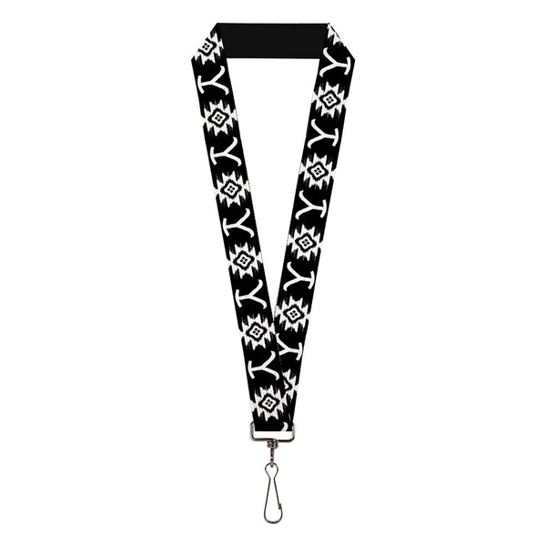 Buckle-Down Lanyard - 1.0" - Yellowstone Dutton Ranch and Native American Icons Black/White