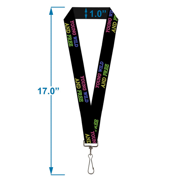 Buckle-Down Lanyard - 1.0" - YOUNG WILD AND FREE Outline Black Multi Neon