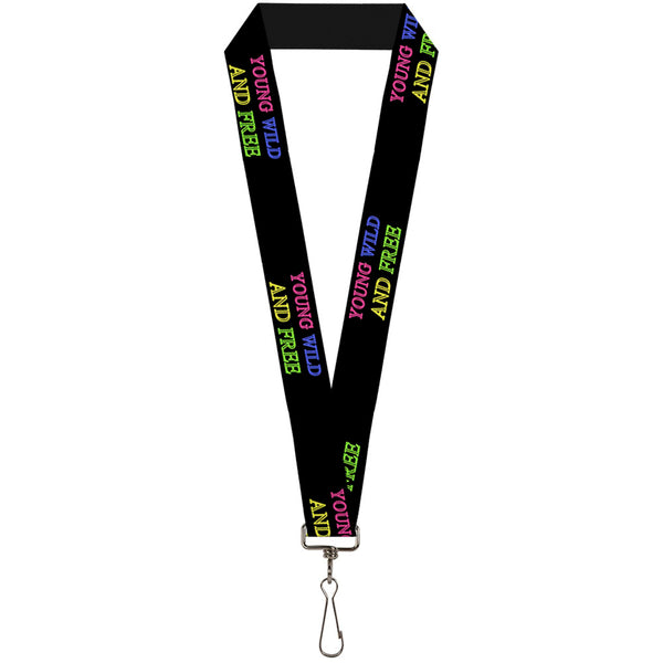Buckle-Down Lanyard - 1.0" - YOUNG WILD AND FREE Outline Black Multi Neon