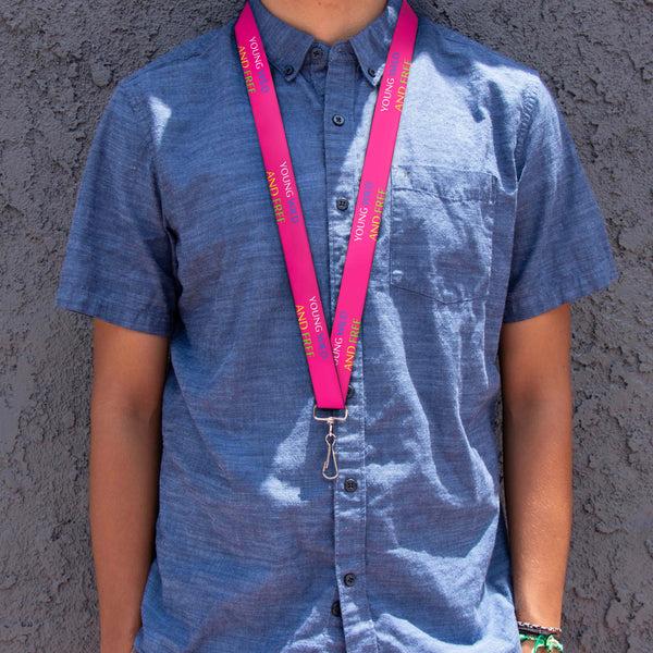 Buckle-Down Lanyard - 1.0" - YOUNG WILD AND FREE Pink White Blue Yellow Green