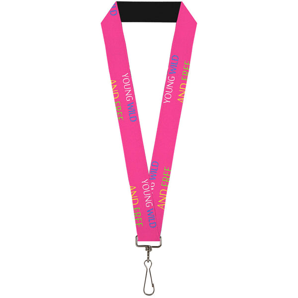 Buckle-Down Lanyard - 1.0" - YOUNG WILD AND FREE Pink White Blue Yellow Green
