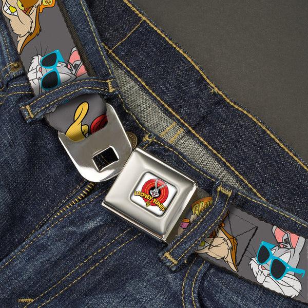 Buckle-Down Looney Tunes Logo Full Color White Seatbelt Belt - Looney Tunes 5-Hip Hop Expressions Gray Webbing