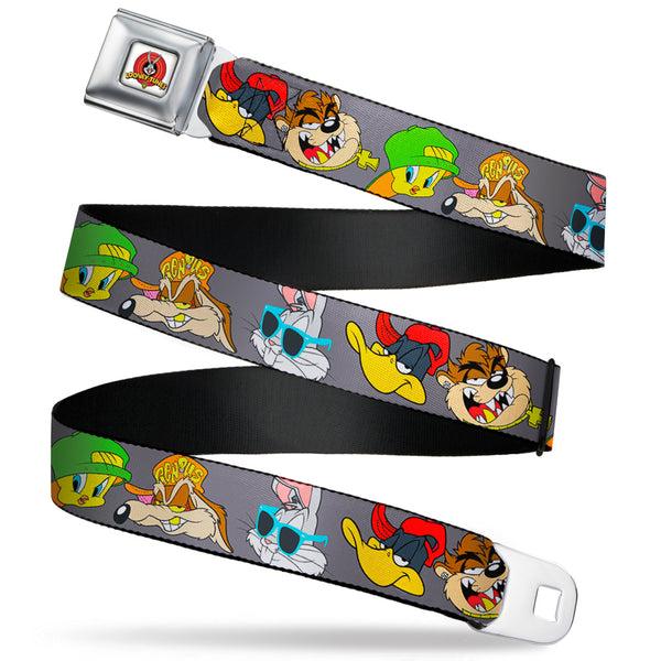 Buckle-Down Looney Tunes Logo Full Color White Seatbelt Belt - Looney Tunes 5-Hip Hop Expressions Gray Webbing
