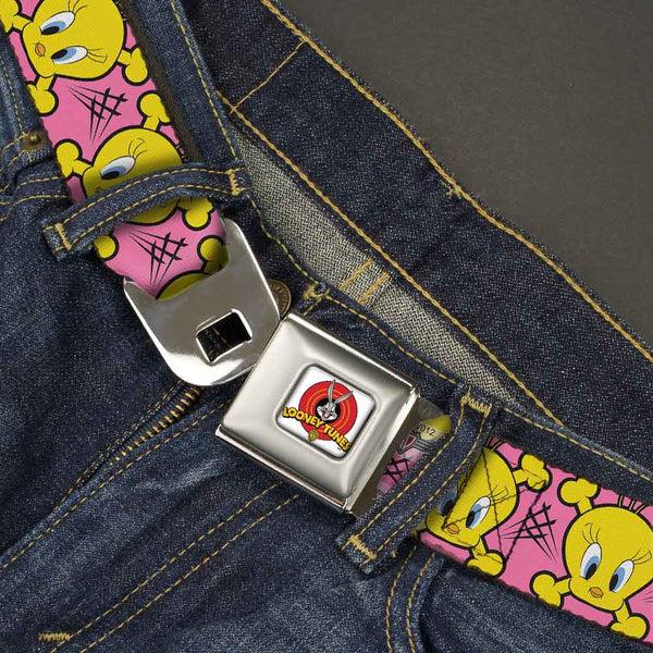 Buckle-Down Looney Tunes Logo Full Color White Seatbelt Belt - Tweety Bird & Crossbones Pink/Black/Yellow Webbing