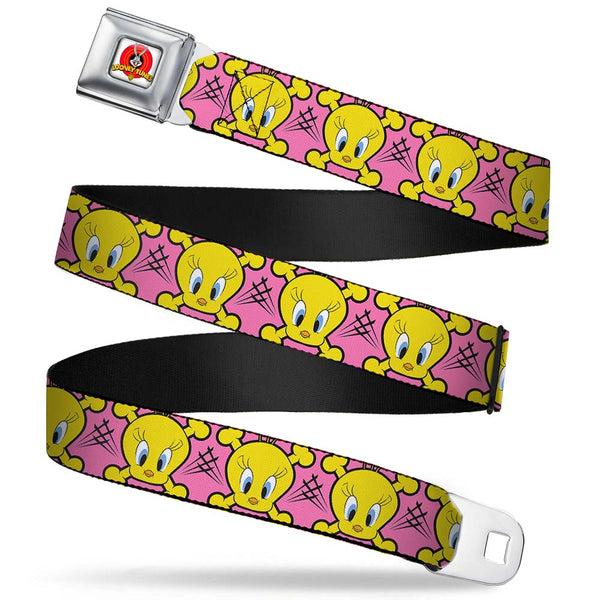 Buckle-Down Looney Tunes Logo Full Color White Seatbelt Belt - Tweety Bird & Crossbones Pink/Black/Yellow Webbing