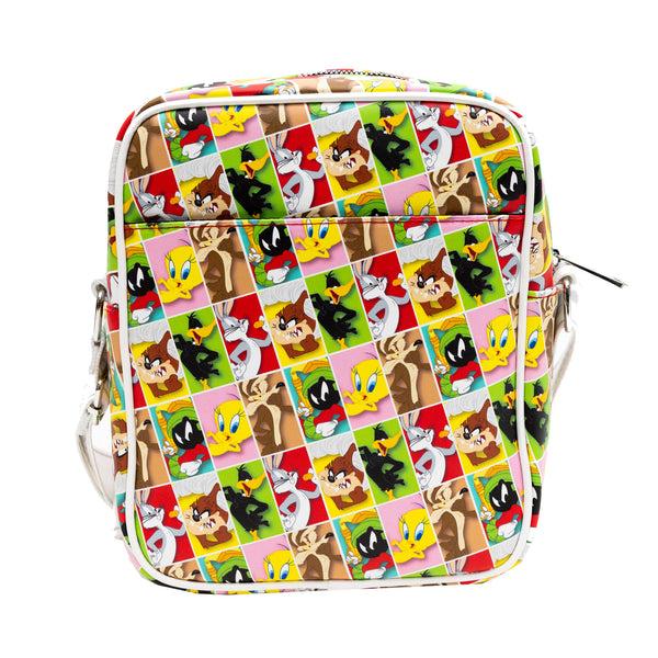 Buckle-Down Looney Tunes Vegan Leather Crossbody Bag With Front And Back Zip Pocket Looney Tunes Bullseye Group Pose And Character Block Poses 8.5" X 10.0"