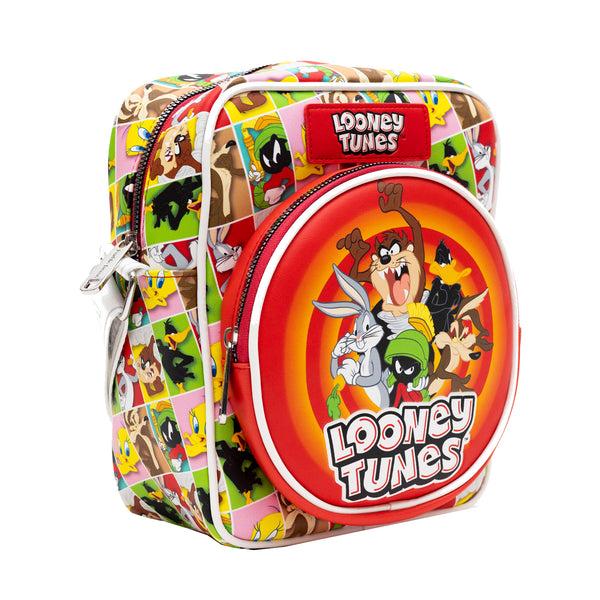 Buckle-Down Looney Tunes Vegan Leather Crossbody Bag With Front And Back Zip Pocket Looney Tunes Bullseye Group Pose And Character Block Poses 8.5" X 10.0"