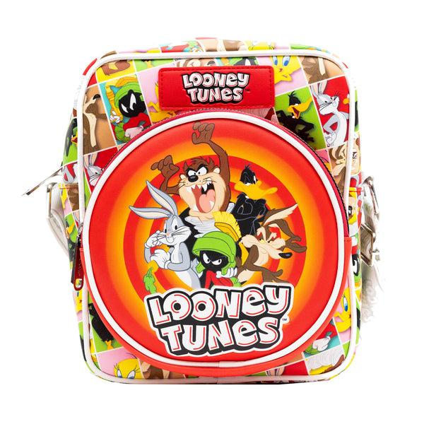Buckle-Down Looney Tunes Vegan Leather Crossbody Bag with Front and Back Zip Pocket Looney Tunes Bullseye Group Pose and Character Block Poses 8.5" x 10.0"