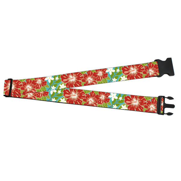 Buckle-Down Luggage Strap - 2.0" - Hibiscus & Plumerias Turquoise/Greed/Red/White