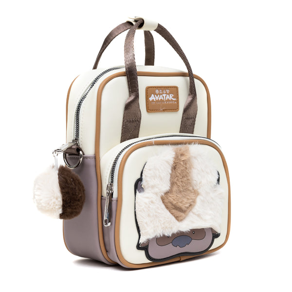 Buckle-Down Nickelodeon Vegan Leather Cross Body Backpack For Men And Women With Adjustable Strap Avatar Appa Furry Face And YIP YIP Text Debossed Tan