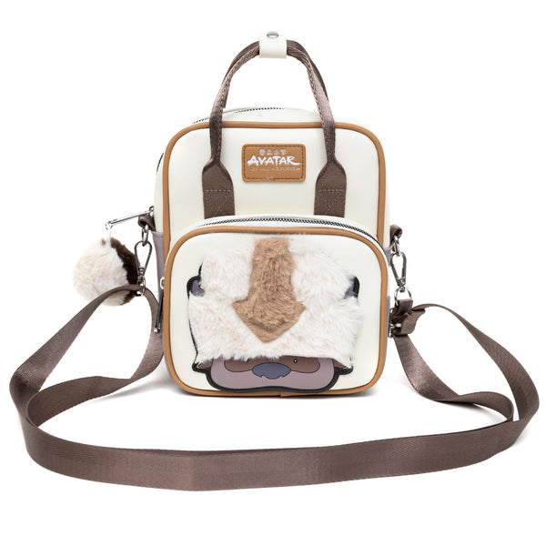 Buckle-Down Nickelodeon Vegan Leather Cross Body Backpack For Men And Women With Adjustable Strap Avatar Appa Furry Face And YIP YIP Text Debossed Tan