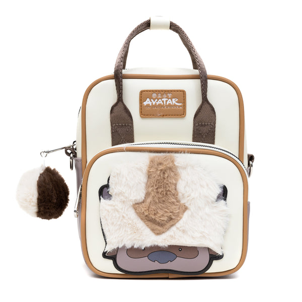 Buckle-Down Nickelodeon Vegan Leather Cross Body Backpack for Men and Women with Adjustable Strap Avatar Appa Furry Face and YIP YIP Text Debossed Tan