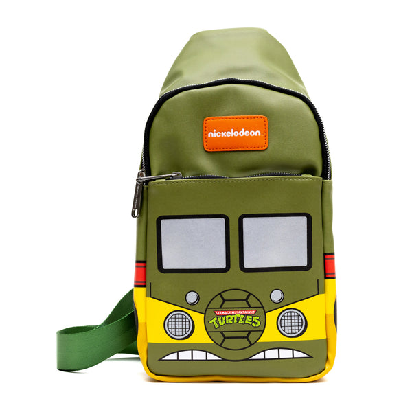 Buckle-Down Nickelodeon Vegan Leather Crossbody Sling Bag Teenage Mutant Ninja Turtles Party Van Close Up Olive Green 7" x 14"