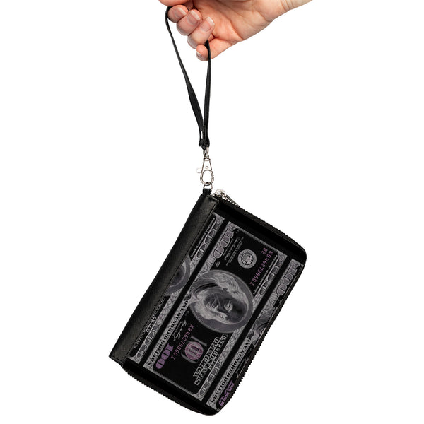 Buckle-Down PU Zip Around Wallet Rectangle - 100 Dollar Bill X-Ray Black/White