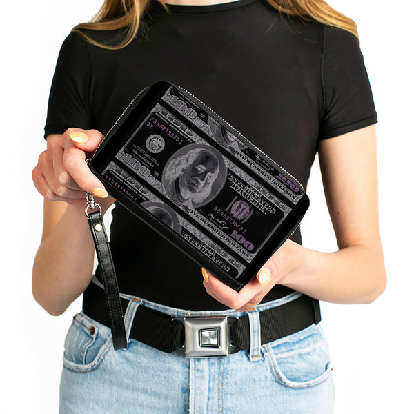 Buckle-Down PU Zip Around Wallet Rectangle - 100 Dollar Bill X-Ray Black/White
