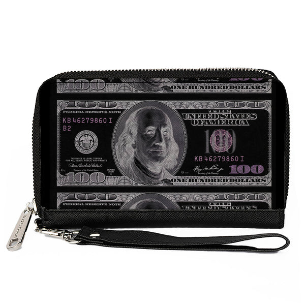 Buckle-Down PU Zip Around Wallet Rectangle - 100 Dollar Bill X-Ray Black/White