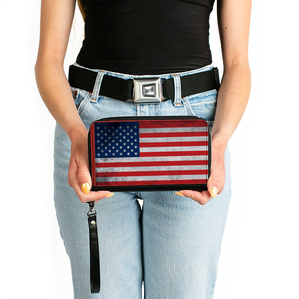 Buckle-Down PU Zip Around Wallet Rectangle - American Flag Distressed Single