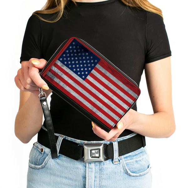 Buckle-Down PU Zip Around Wallet Rectangle - American Flag Distressed Single