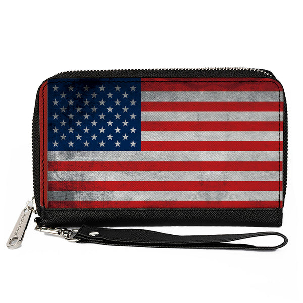 Buckle-Down PU Zip Around Wallet Rectangle - American Flag Distressed Single