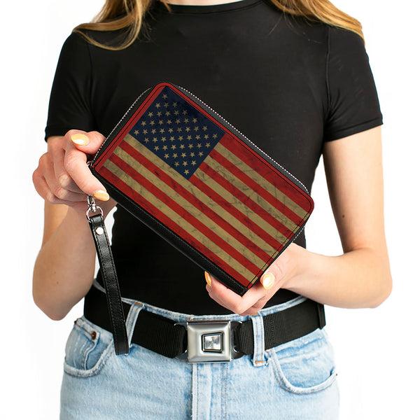 Buckle-Down PU Zip Around Wallet Rectangle - American Flag Weathered Single