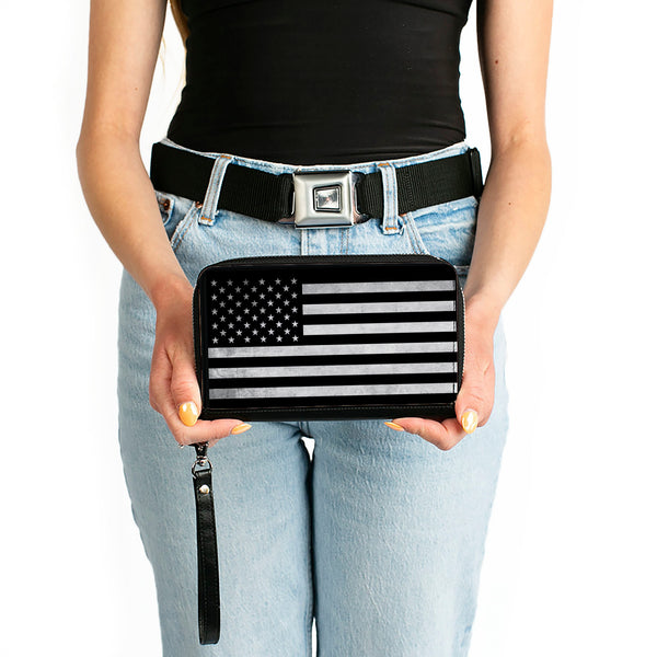 Buckle-Down PU Zip Around Wallet Rectangle - American Flag Weathered Black/White Single