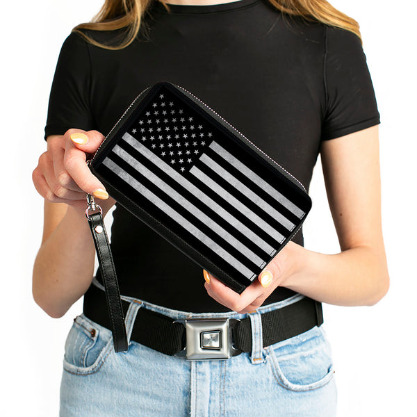 Buckle-Down PU Zip Around Wallet Rectangle - American Flag Weathered Black/White Single