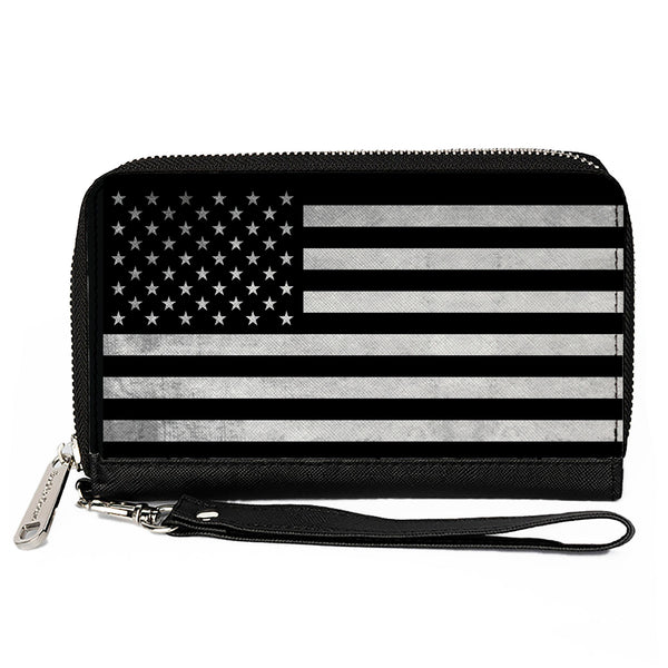 Buckle-Down PU Zip Around Wallet Rectangle - American Flag Weathered Black/White Single