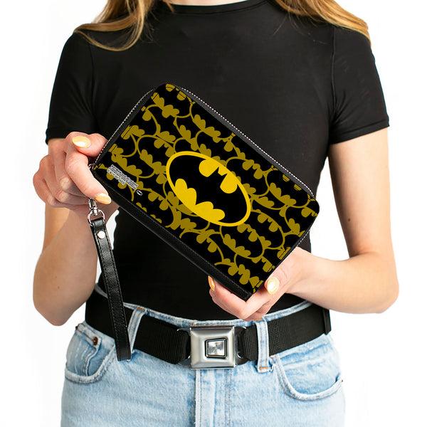 Buckle-Down PU Zip Around Wallet Rectangle - Batman Bat Signal Stacked And Centered Yellow/Black