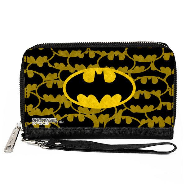 Buckle-Down PU Zip Around Wallet Rectangle - Batman Bat Signal Stacked and Centered Yellow/Black