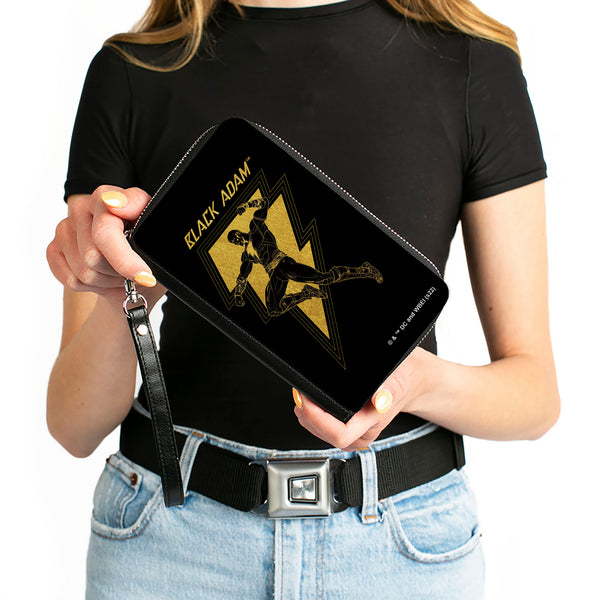Buckle-Down PU Zip Around Wallet Rectangle - BLACK ADAM Lightning Bolt And Action Pose Black Yellows