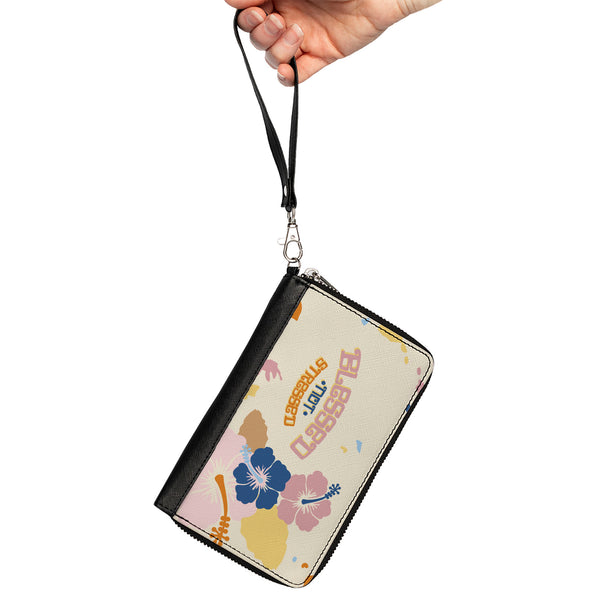 Buckle-Down PU Zip Around Wallet Rectangle - BLESSED NOT STRESSED Quote Tropical Flowers Beige Multi Color