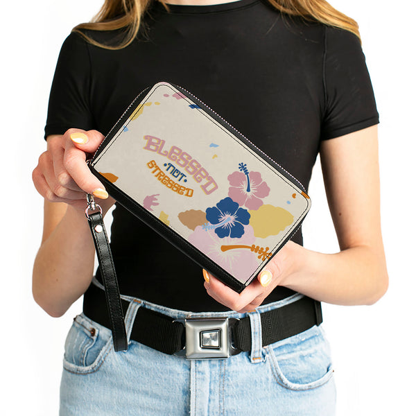 Buckle-Down PU Zip Around Wallet Rectangle - BLESSED NOT STRESSED Quote Tropical Flowers Beige Multi Color