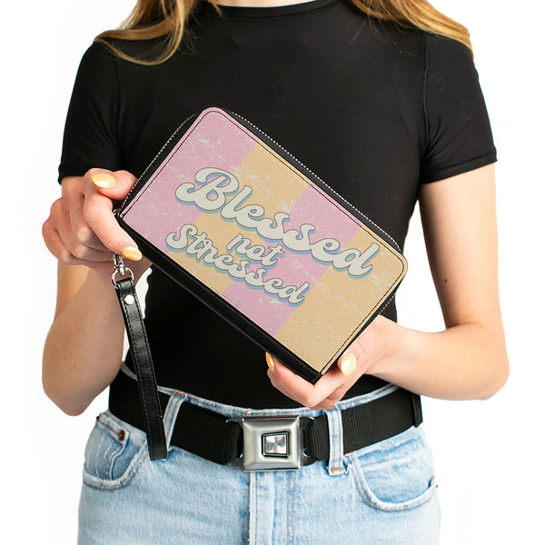 Buckle-Down PU Zip Around Wallet Rectangle - BLESSED NOT STRESSED Quote Stripe Orange Pink White