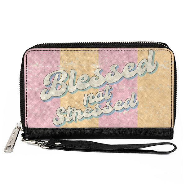 Buckle-Down PU Zip Around Wallet Rectangle - BLESSED NOT STRESSED Quote Stripe Orange Pink White
