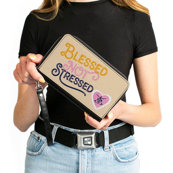 Buckle-Down PU Zip Around Wallet Rectangle - BLESSED NOT STRESSED Quote Fleur-de-Lis Beige Multi Color