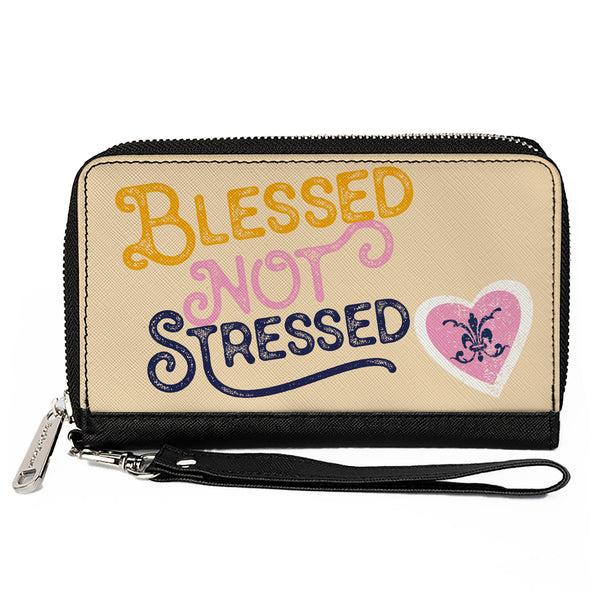 Buckle-Down PU Zip Around Wallet Rectangle - BLESSED NOT STRESSED Quote Fleur-de-Lis Beige Multi Color