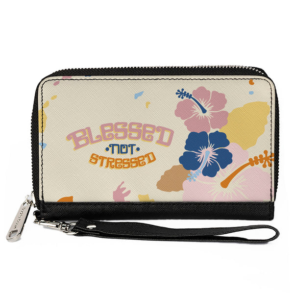 Buckle-Down PU Zip Around Wallet Rectangle - BLESSED NOT STRESSED Quote Tropical Flowers Beige Multi Color